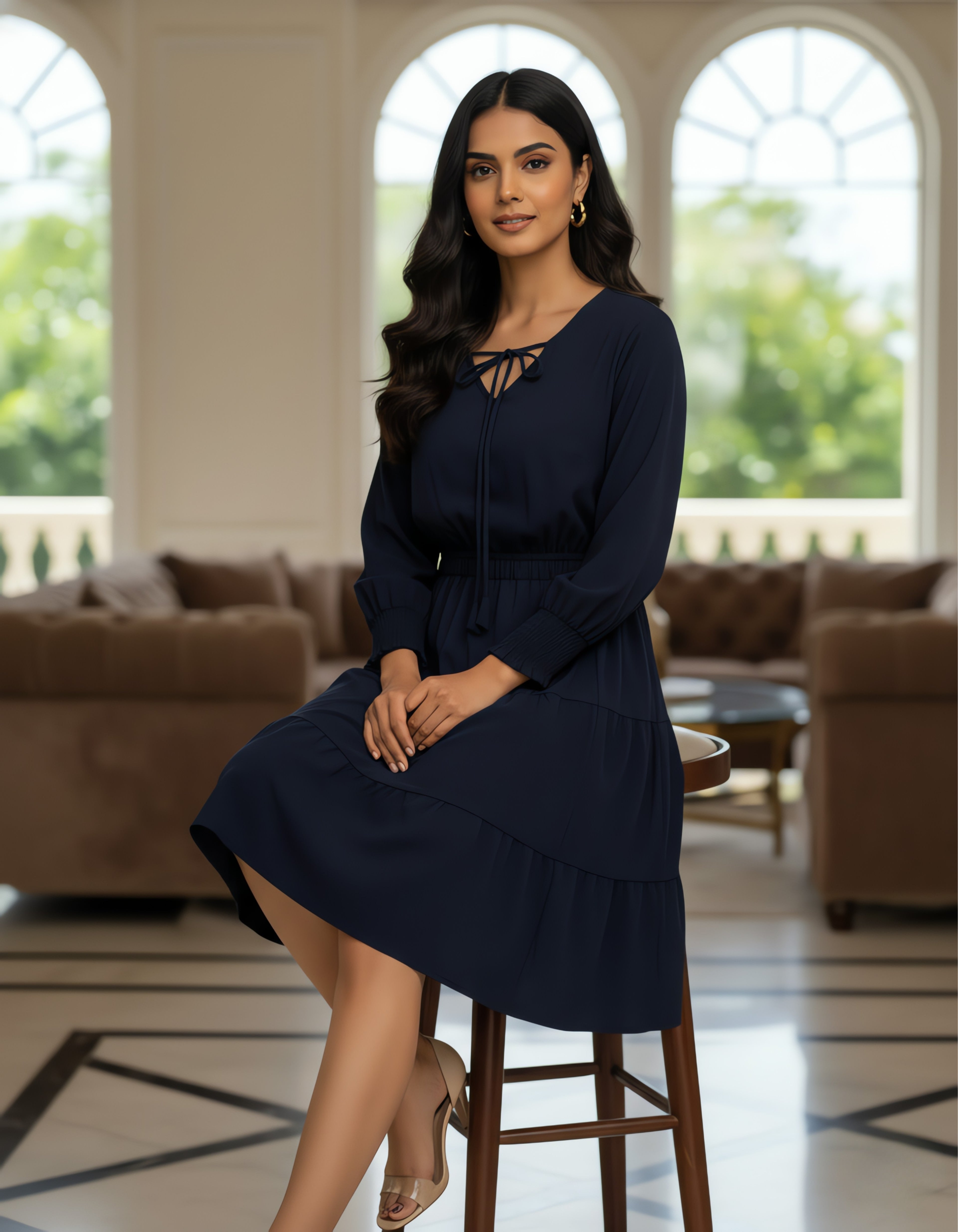 Solid Tiered Short Dress with Tie-Up Neck | Elegant Western Wear | Viigobella