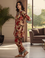Premium Marble Print Kasturi Silk Co-ord Set with Contrast Blue Neck & Cuff Border