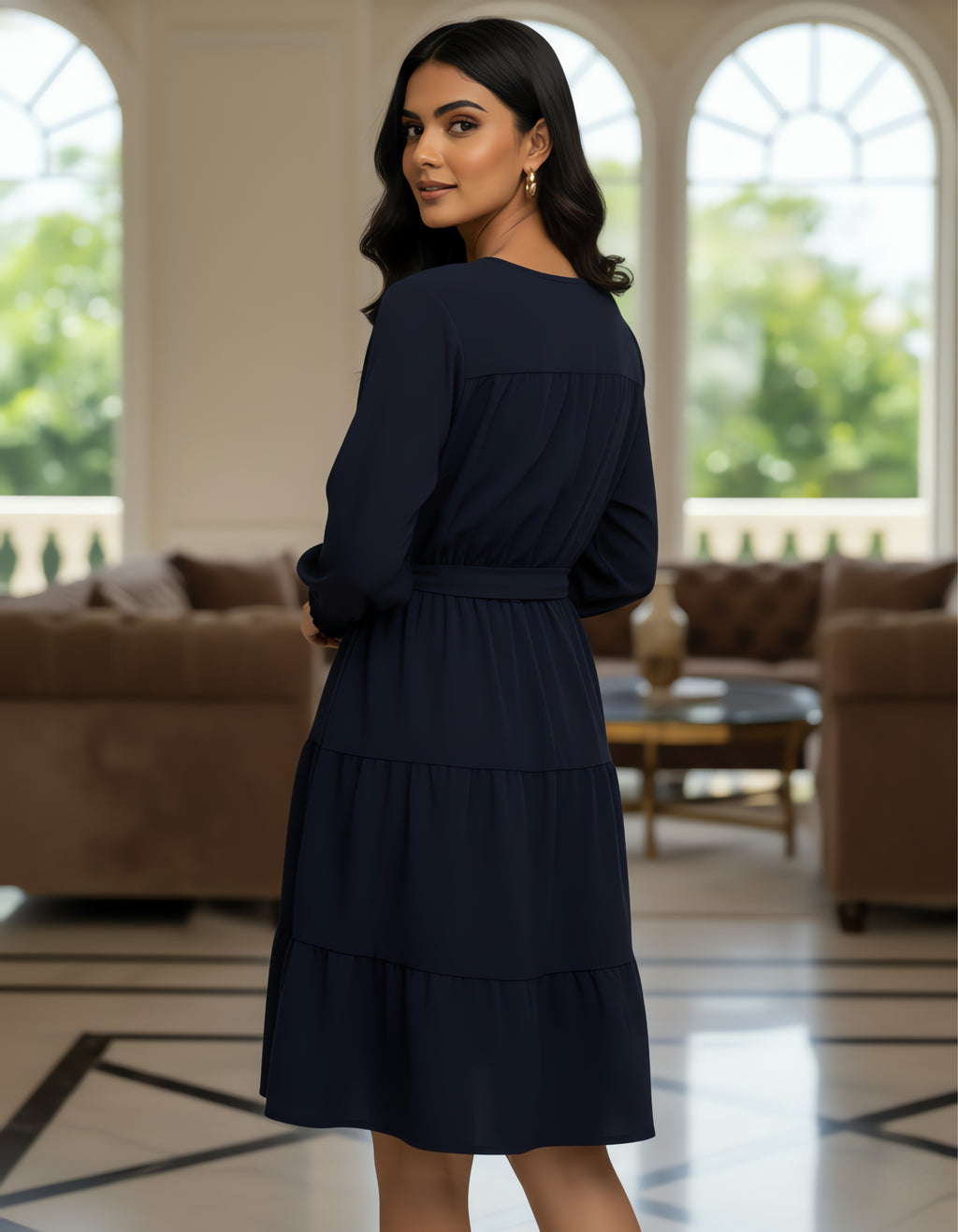 Solid Tiered Short Dress with Tie-Up Neck | Elegant Western Wear | Viigobella