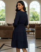 Solid Tiered Short Dress with Tie-Up Neck | Elegant Western Wear | Viigobella