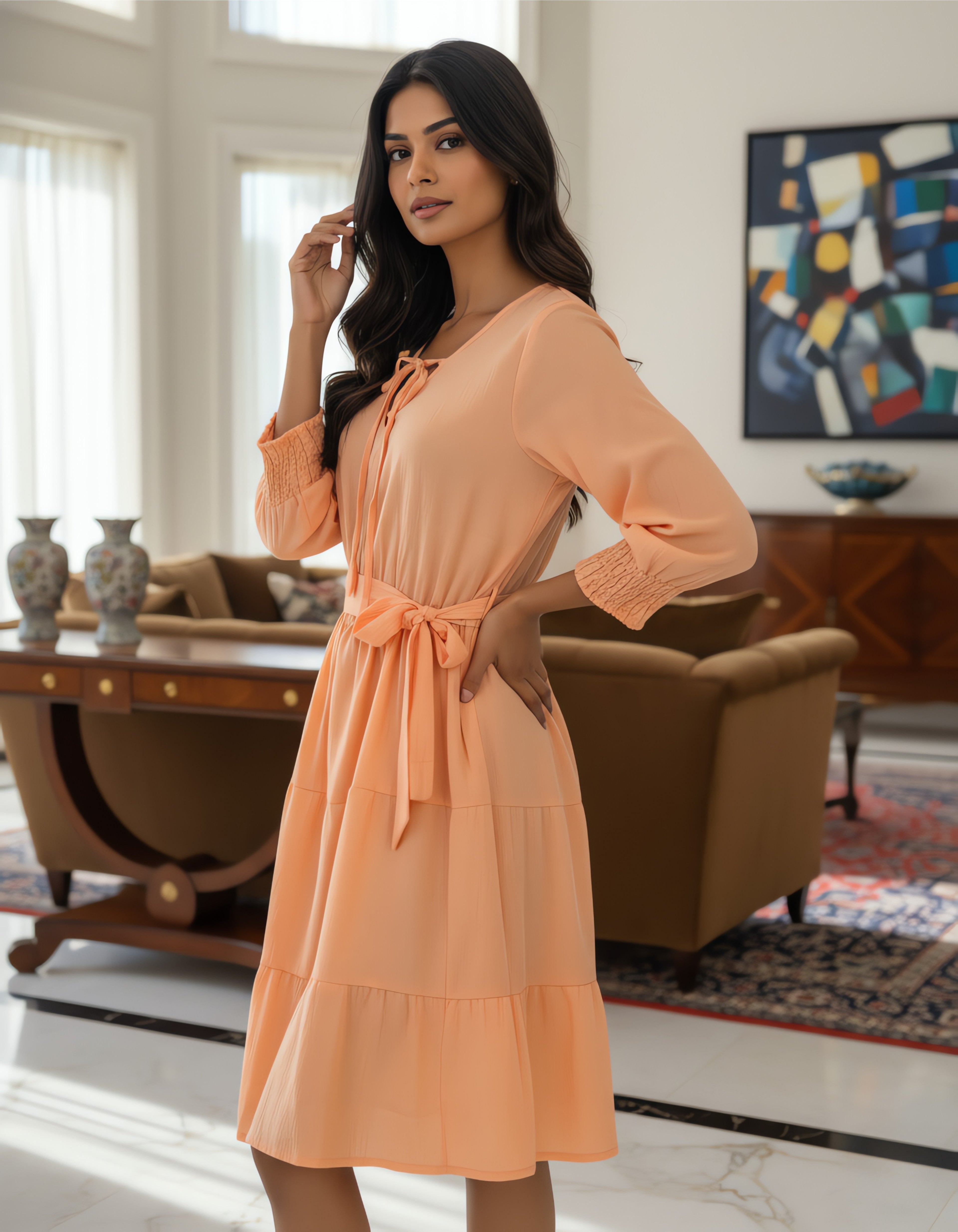 Solid Tie-Up Neck Tiered Short Dress | Elegant Western Wear | Viigobella