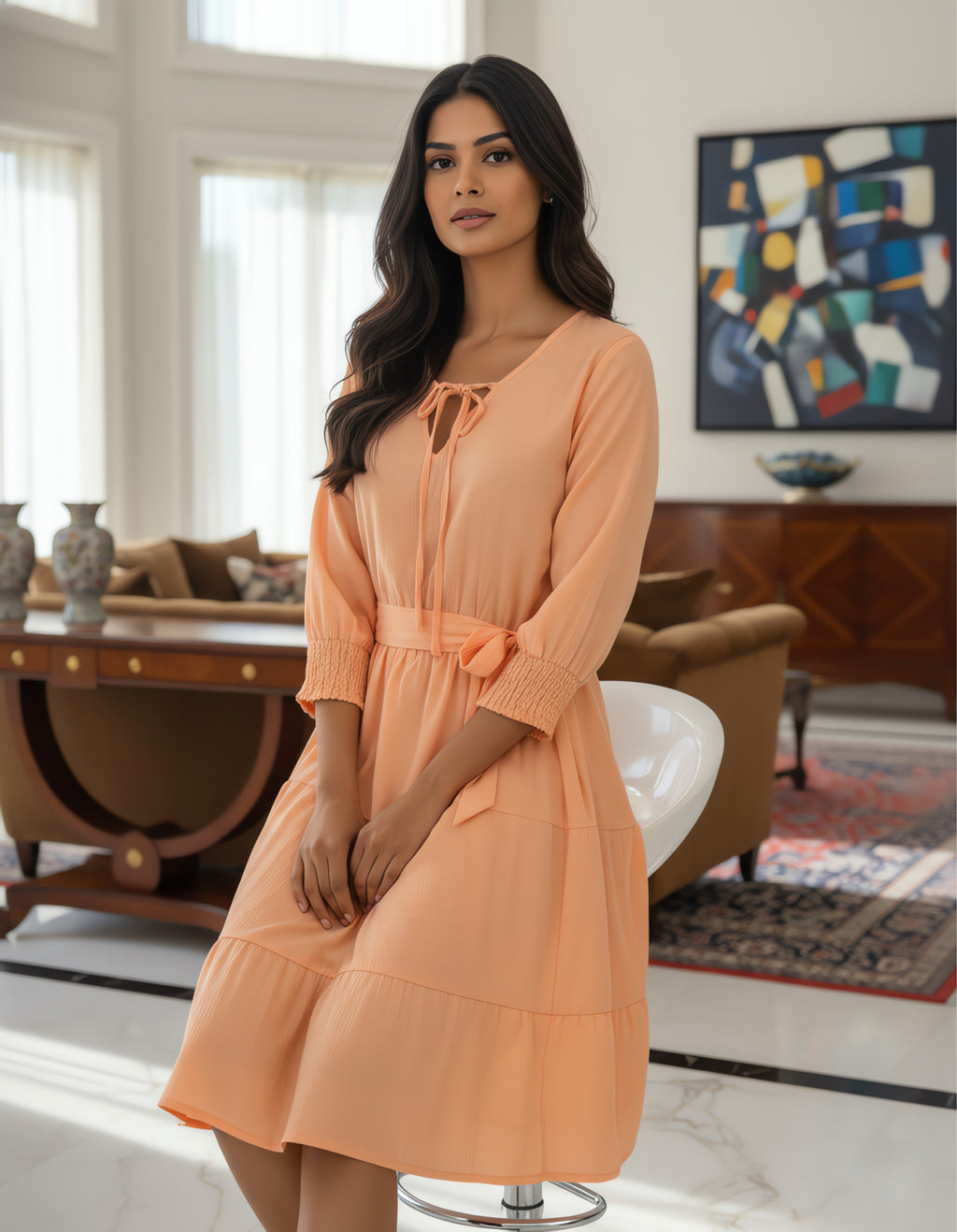 Solid Tie-Up Neck Tiered Short Dress | Elegant Western Wear | Viigobella