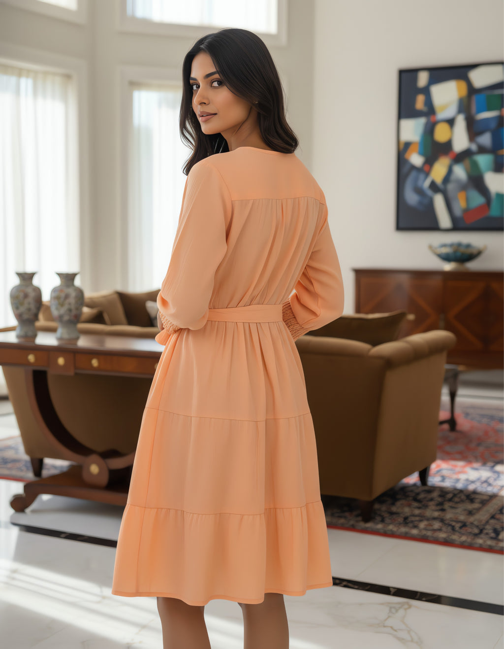 Solid Tie-Up Neck Tiered Short Dress | Elegant Western Wear | Viigobella