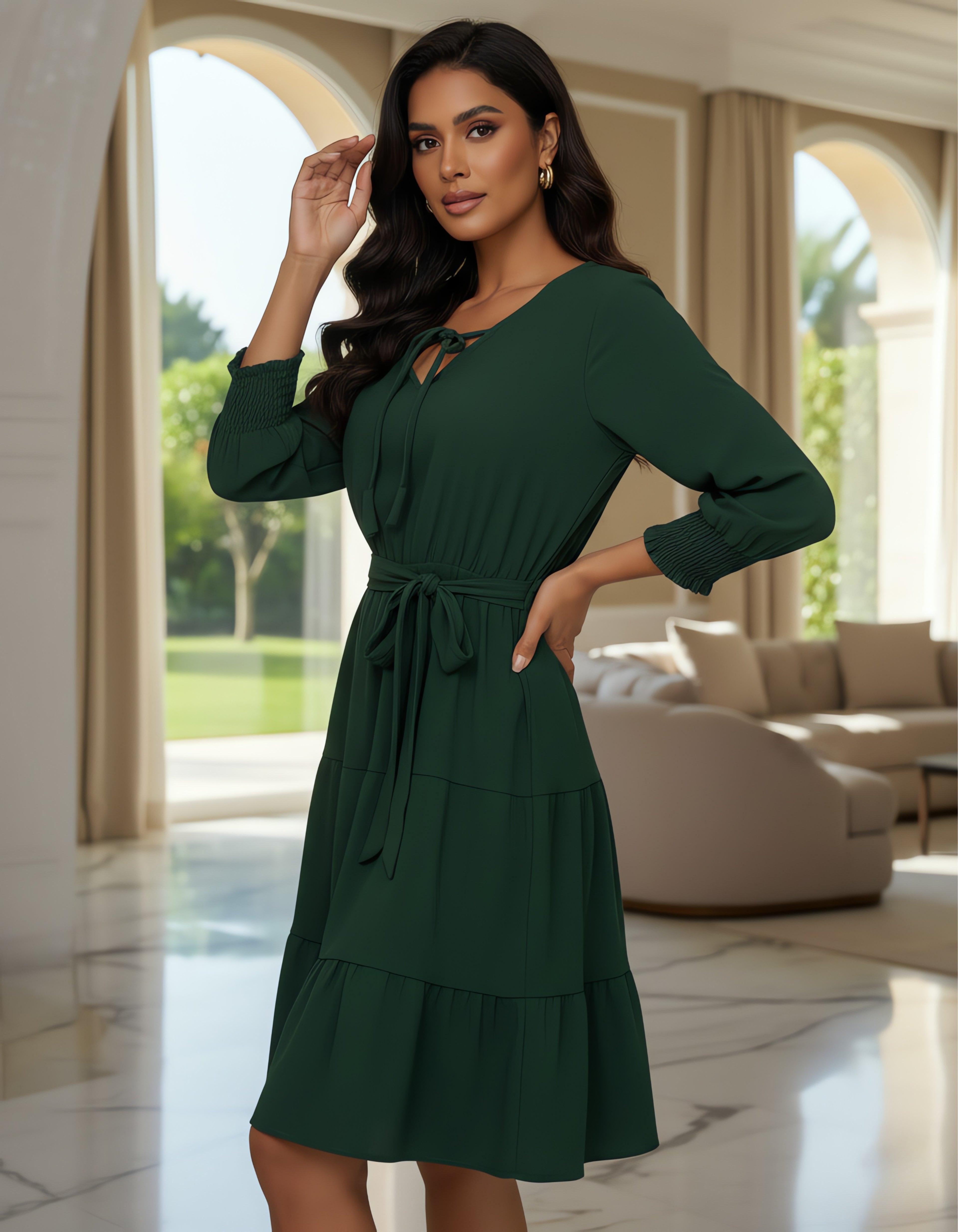 Elegant Solid Tiered Short Dress with Tie-Up Neck | Viigobella