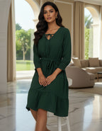 Elegant Solid Tiered Short Dress with Tie-Up Neck | Viigobella