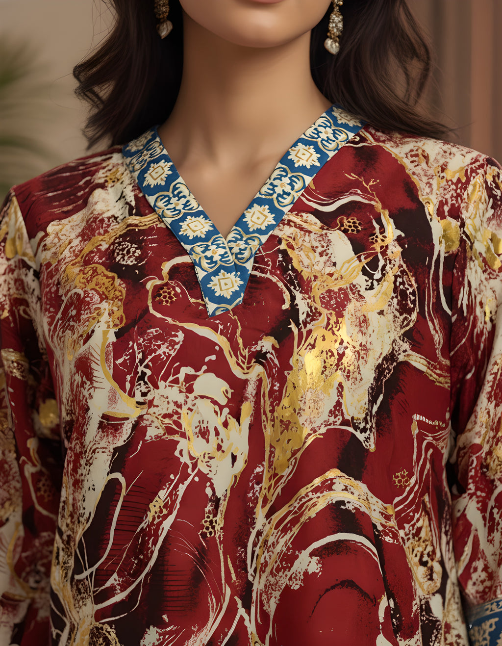 Premium Marble Print Kasturi Silk Co-ord Set with Contrast Blue Neck & Cuff Border