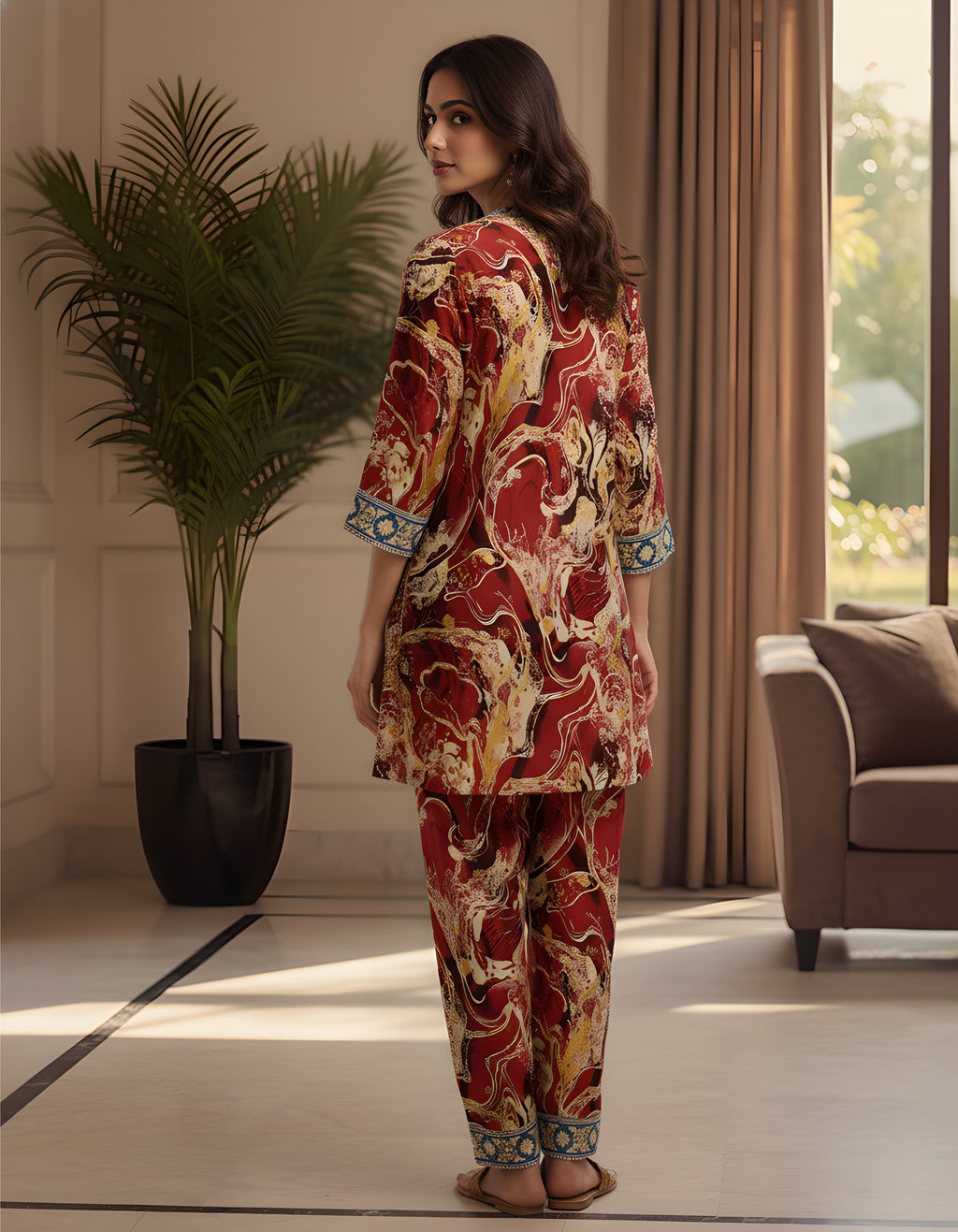 Premium Marble Print Kasturi Silk Co-ord Set with Contrast Blue Neck & Cuff Border