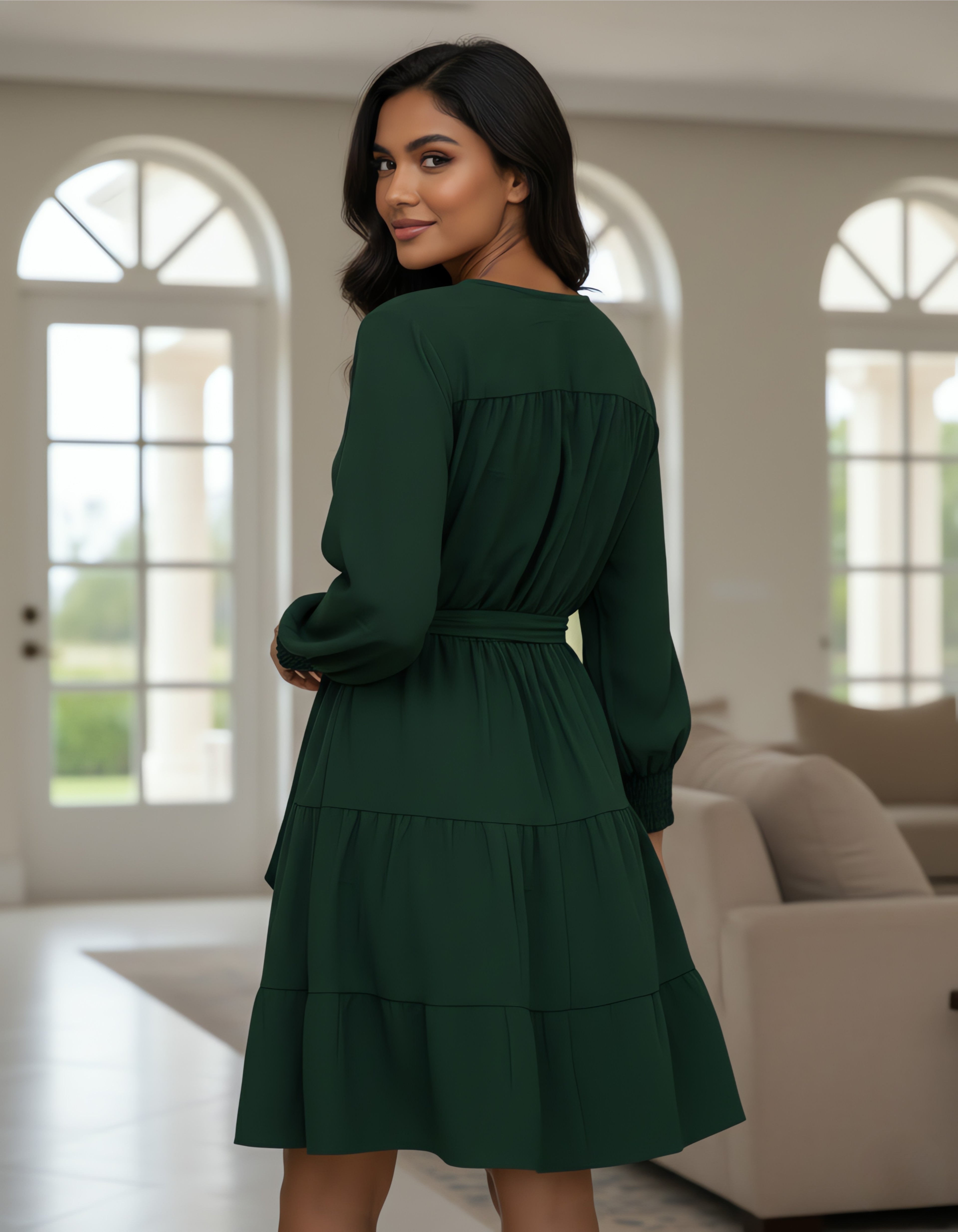 Elegant Solid Tiered Short Dress with Tie-Up Neck | Viigobella