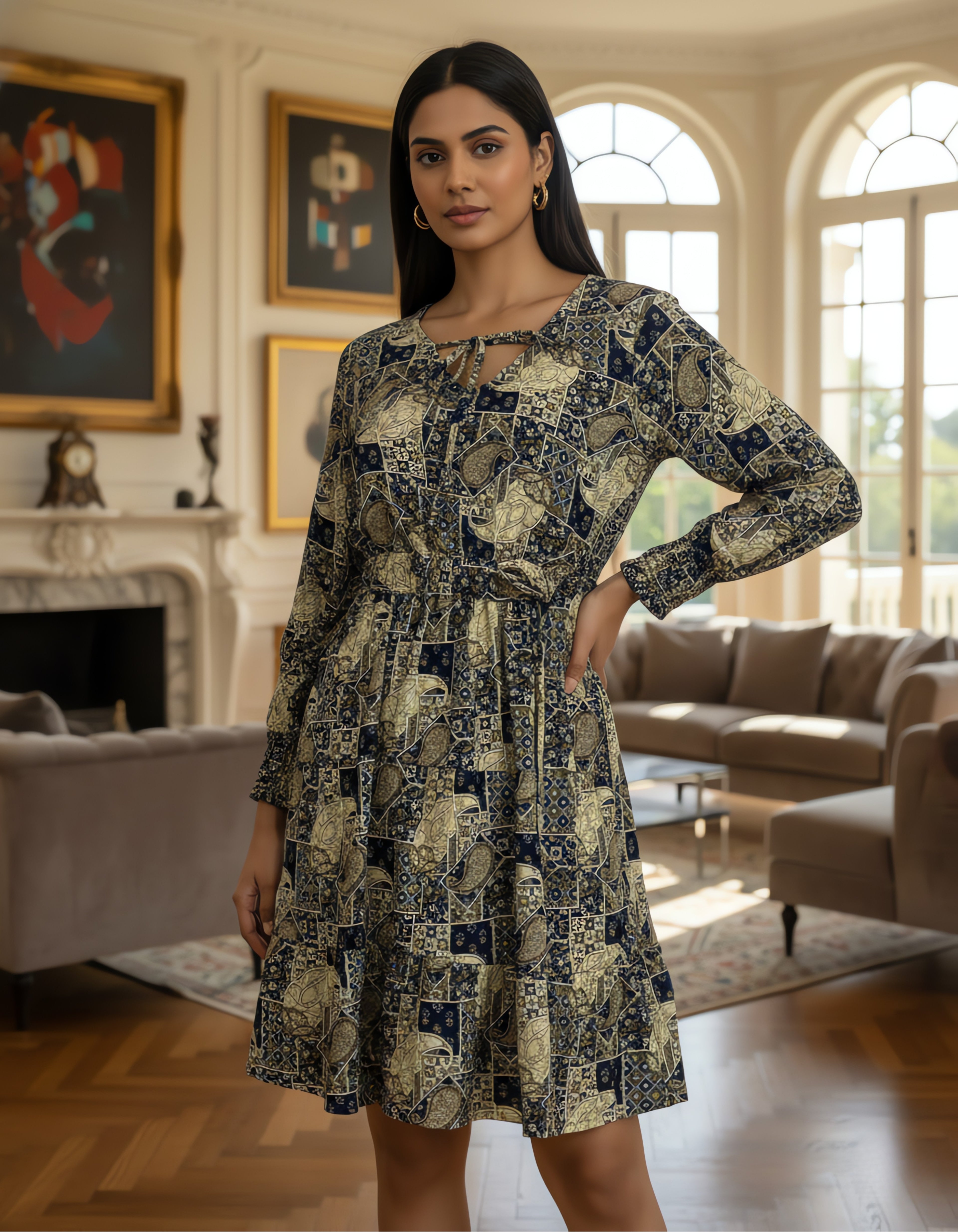 Printed Tiered Short Dress with Tie-Up Neck | Viigobella