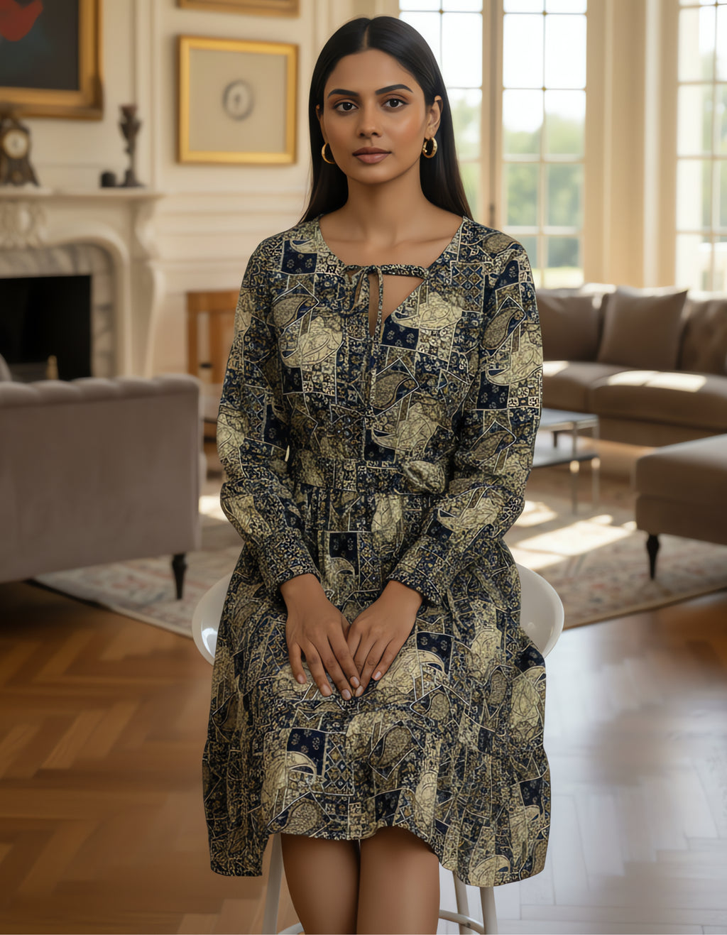 Printed Tiered Short Dress with Tie-Up Neck | Viigobella