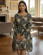 Printed Tiered Short Dress with Tie-Up Neck | Viigobella