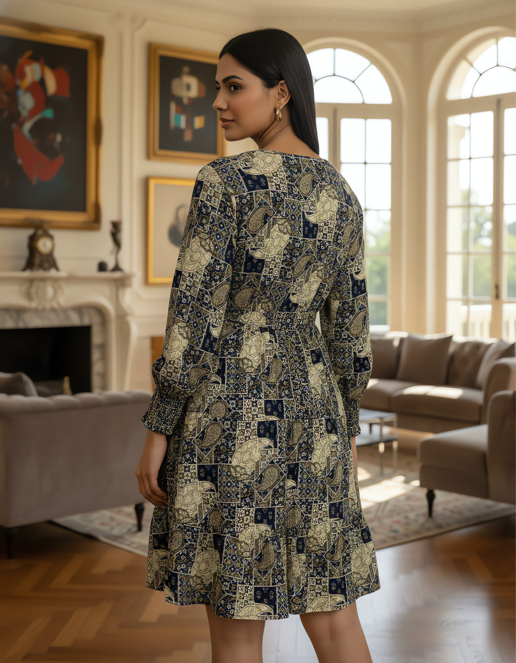 Printed Tiered Short Dress with Tie-Up Neck | Viigobella