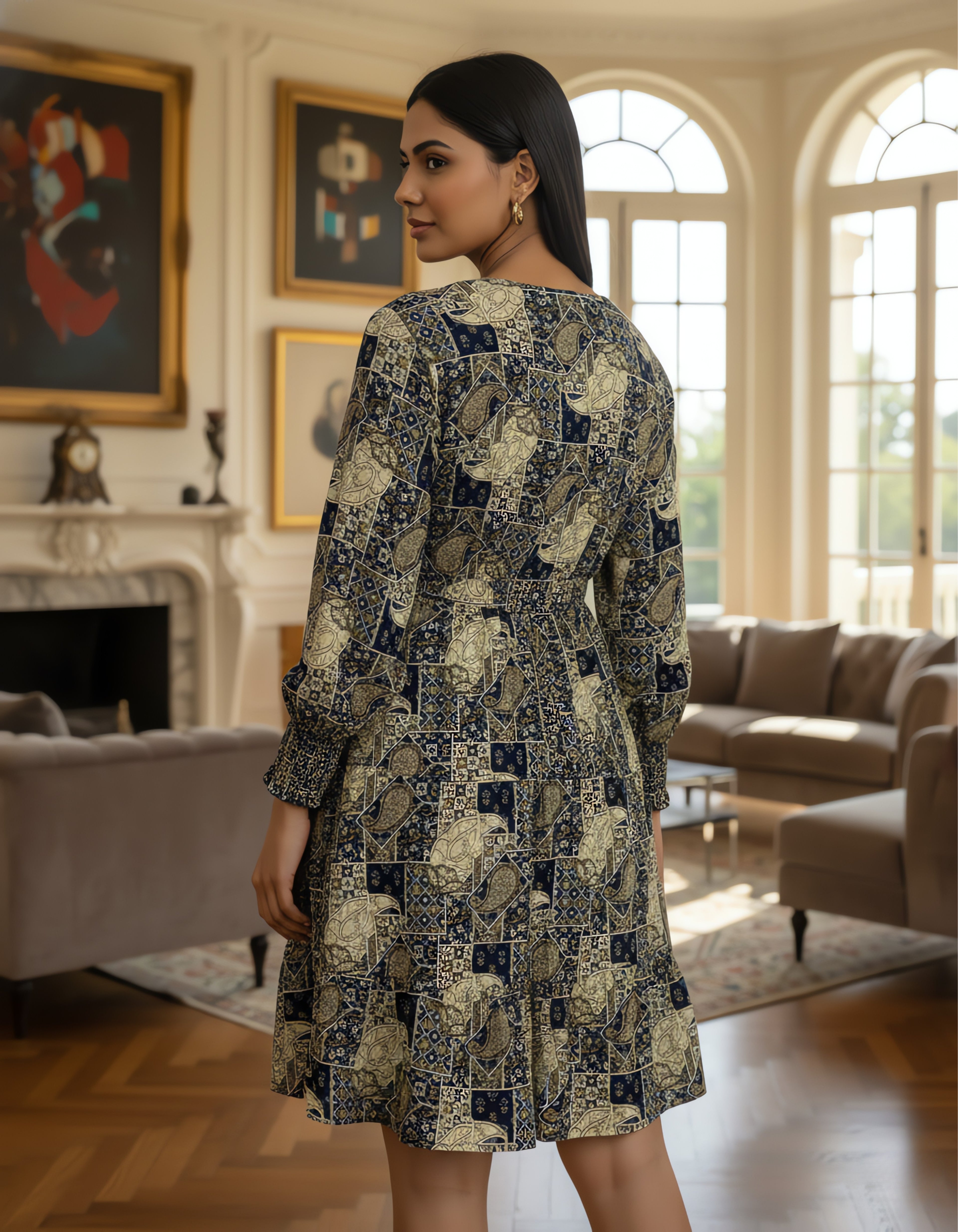 Printed Tiered Short Dress with Tie-Up Neck | Viigobella