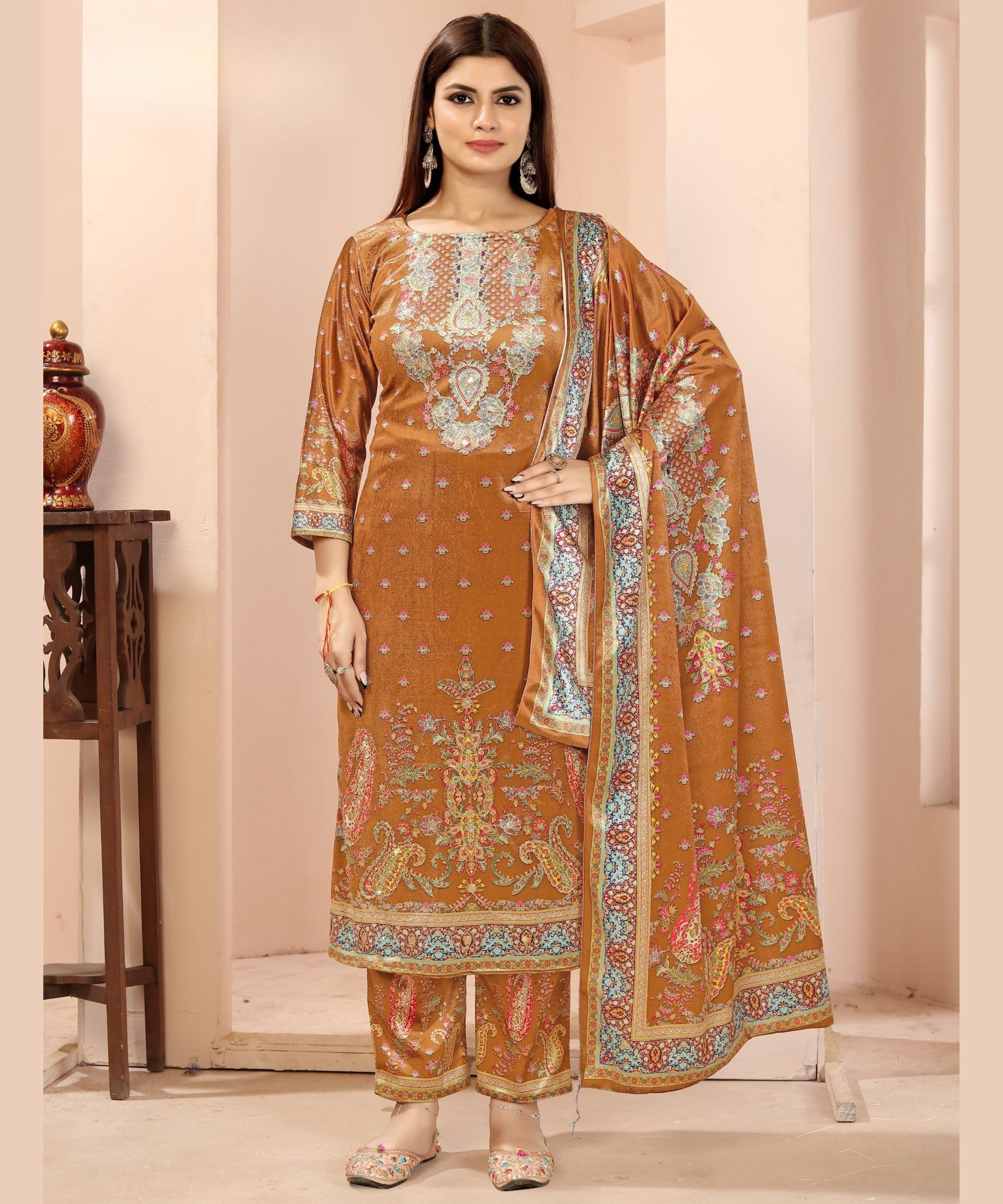 Premium Winter Velvet Printed Straight Suit with Dupatta – Signature Edition