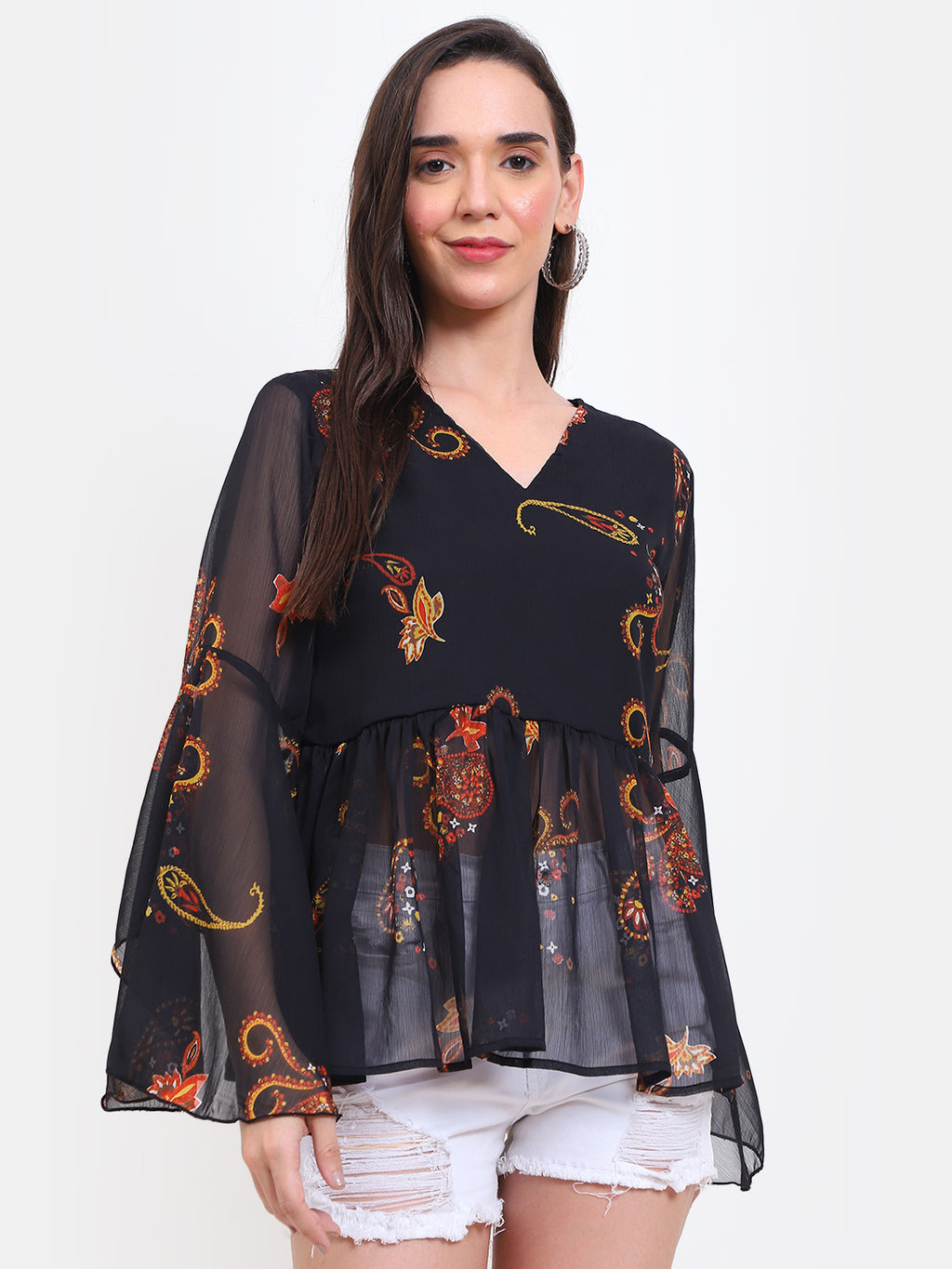 Women’s Printed Bell Sleeve Top – Georgette | Viigobella
