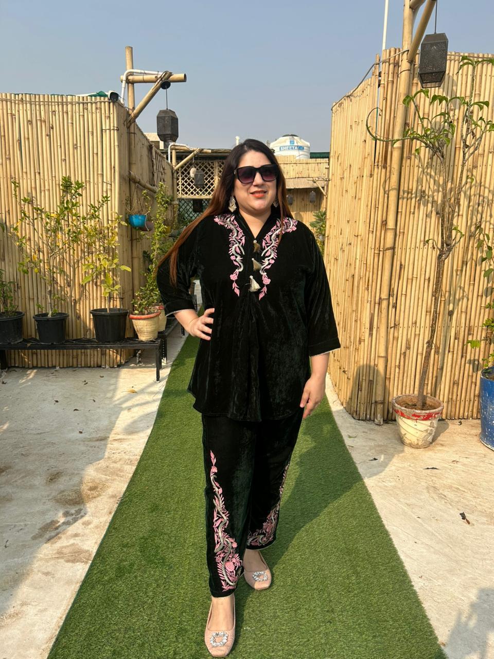 Viigobella Embroidered Velvet Cord Set with Tassels – Top & Pant Co-Ord