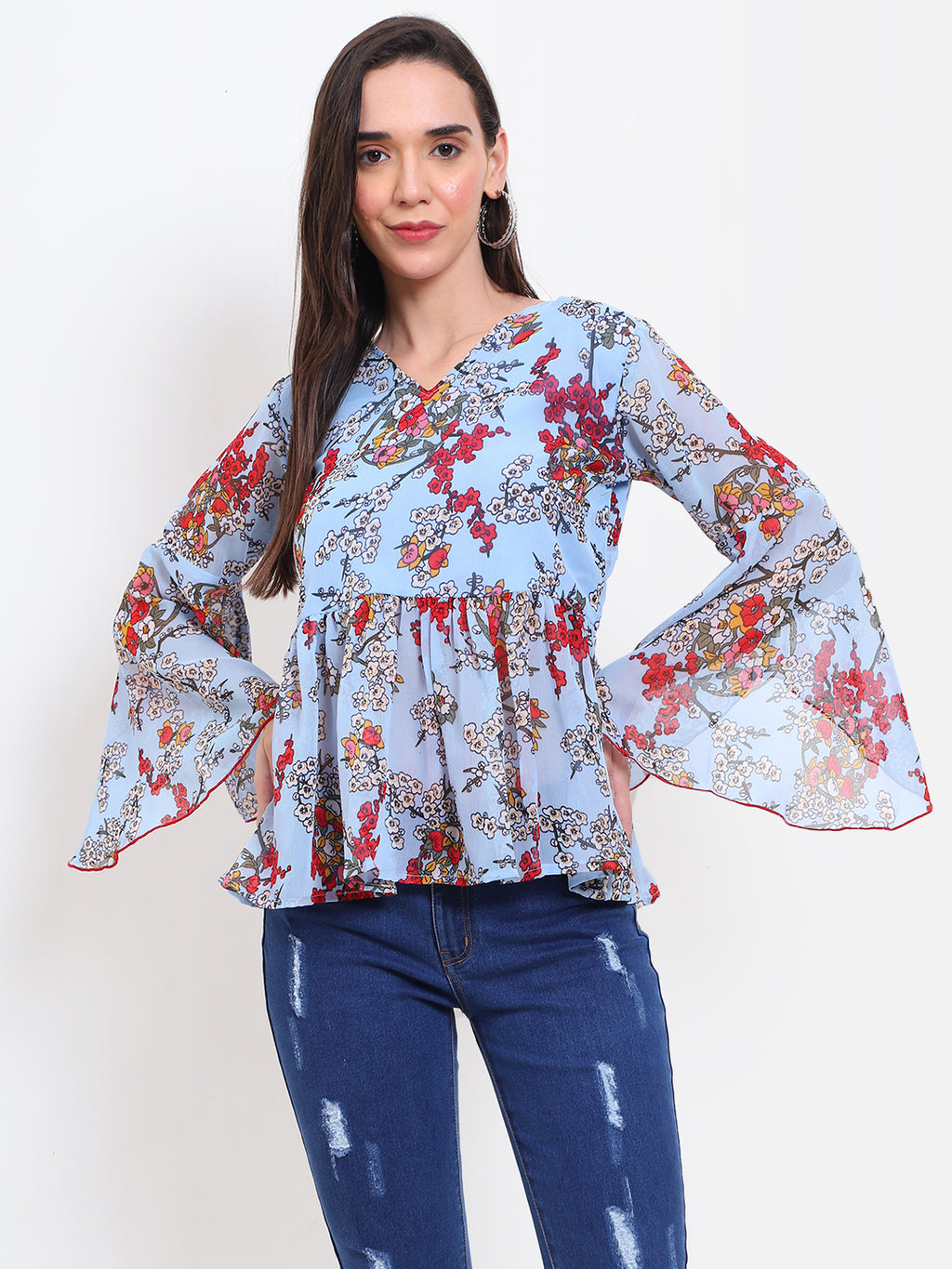 Viigobella Women’s Floral Bell Sleeve Peplum Top – Georgette Fabric