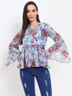 Viigobella Women’s Floral Bell Sleeve Peplum Top – Georgette Fabric