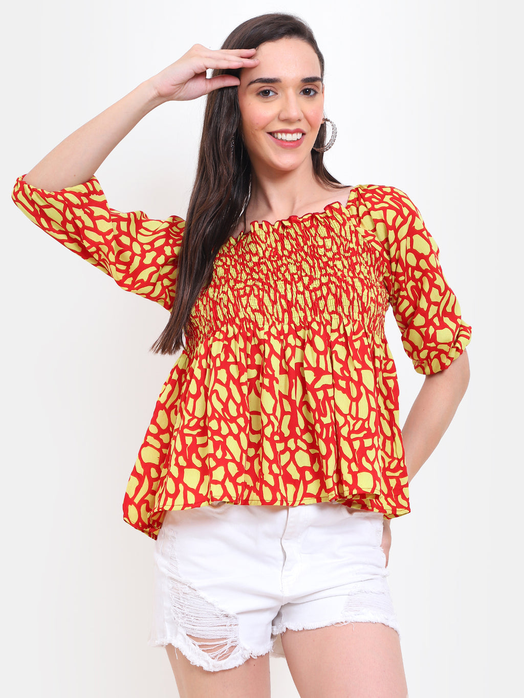 Viigobella Women’s Smocked Printed Top in Red & Yellow Crepe Fabric