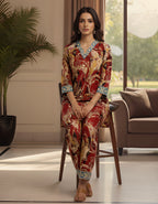Premium Marble Print Kasturi Silk Co-ord Set with Contrast Blue Neck & Cuff Border