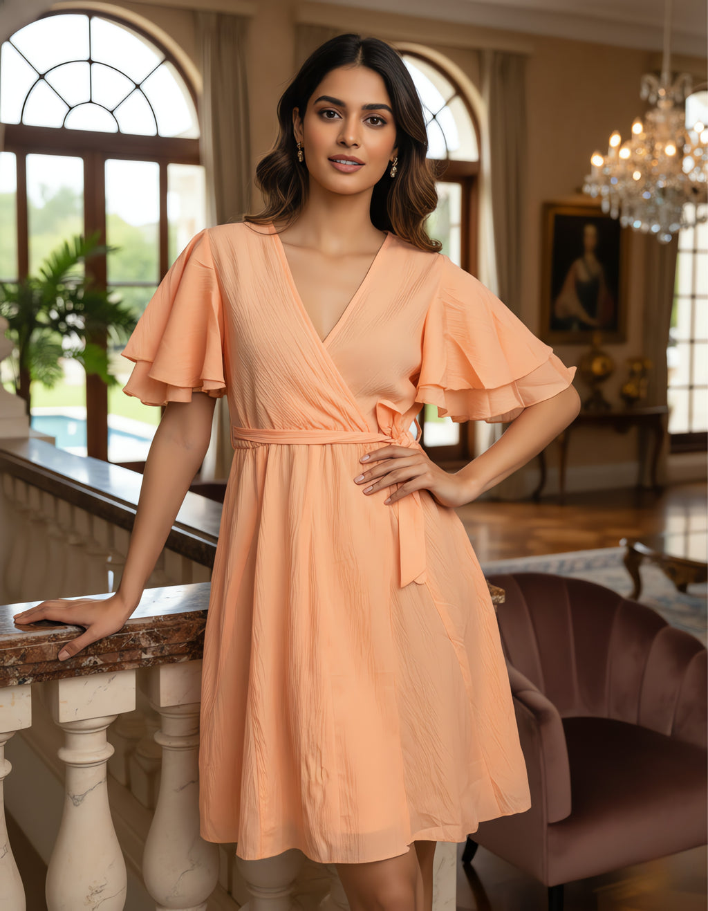 Viigobella Delta Fabric Wrap Dress with Layered Ruffle Sleeves