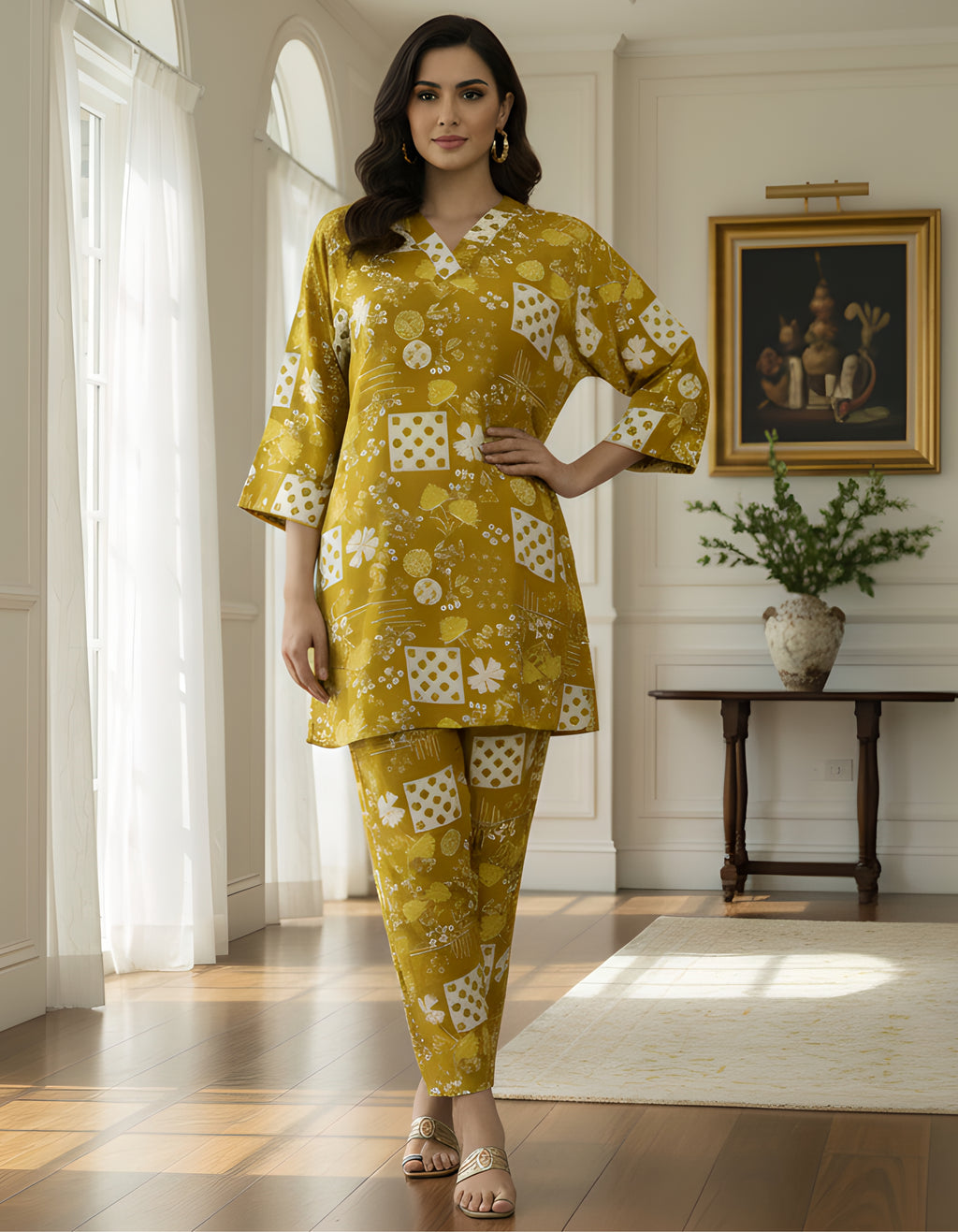 Mustard Printed Cotton Cord Set for Women