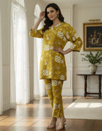 Mustard Printed Cotton Cord Set for Women