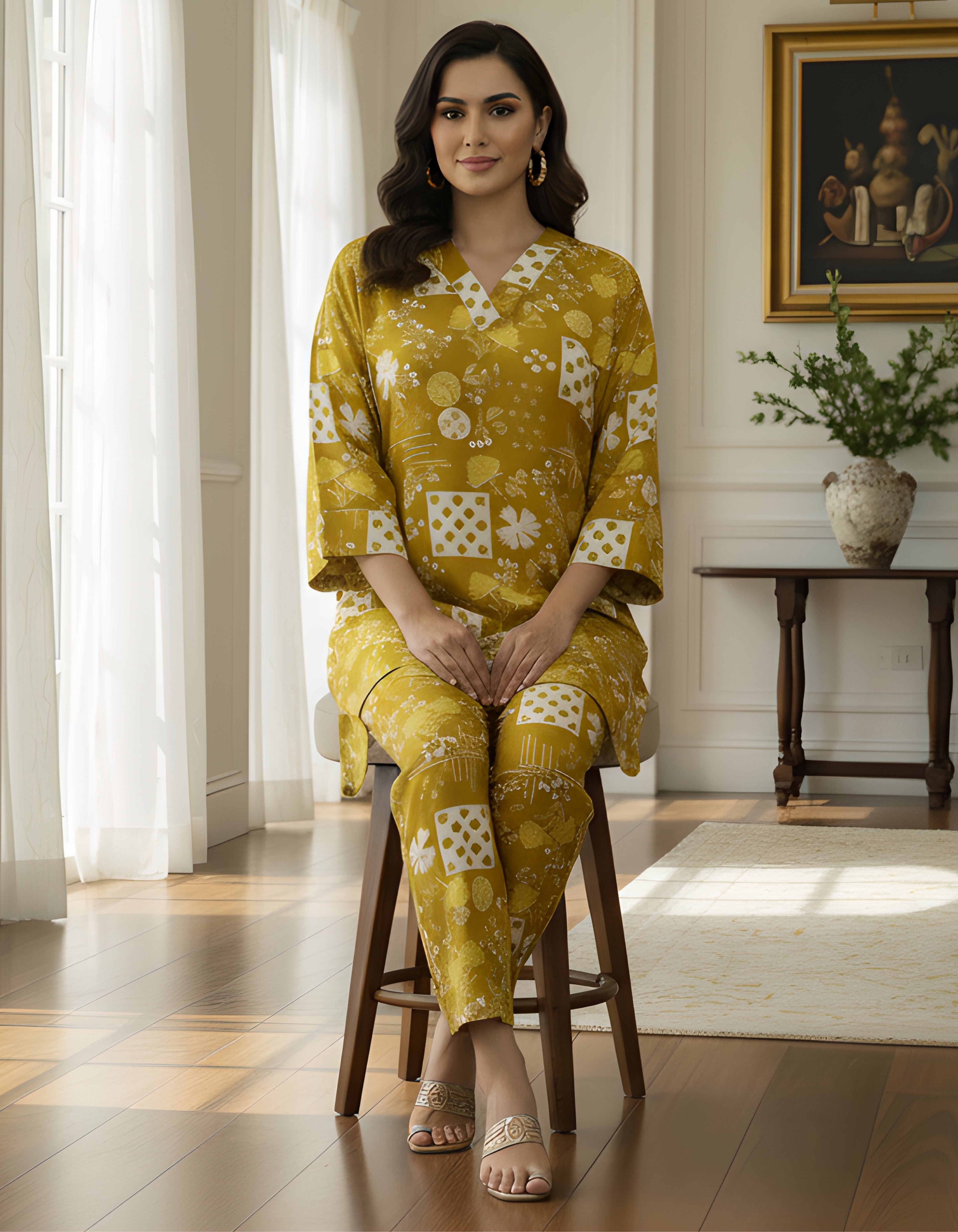 Mustard Printed Cotton Cord Set for Women