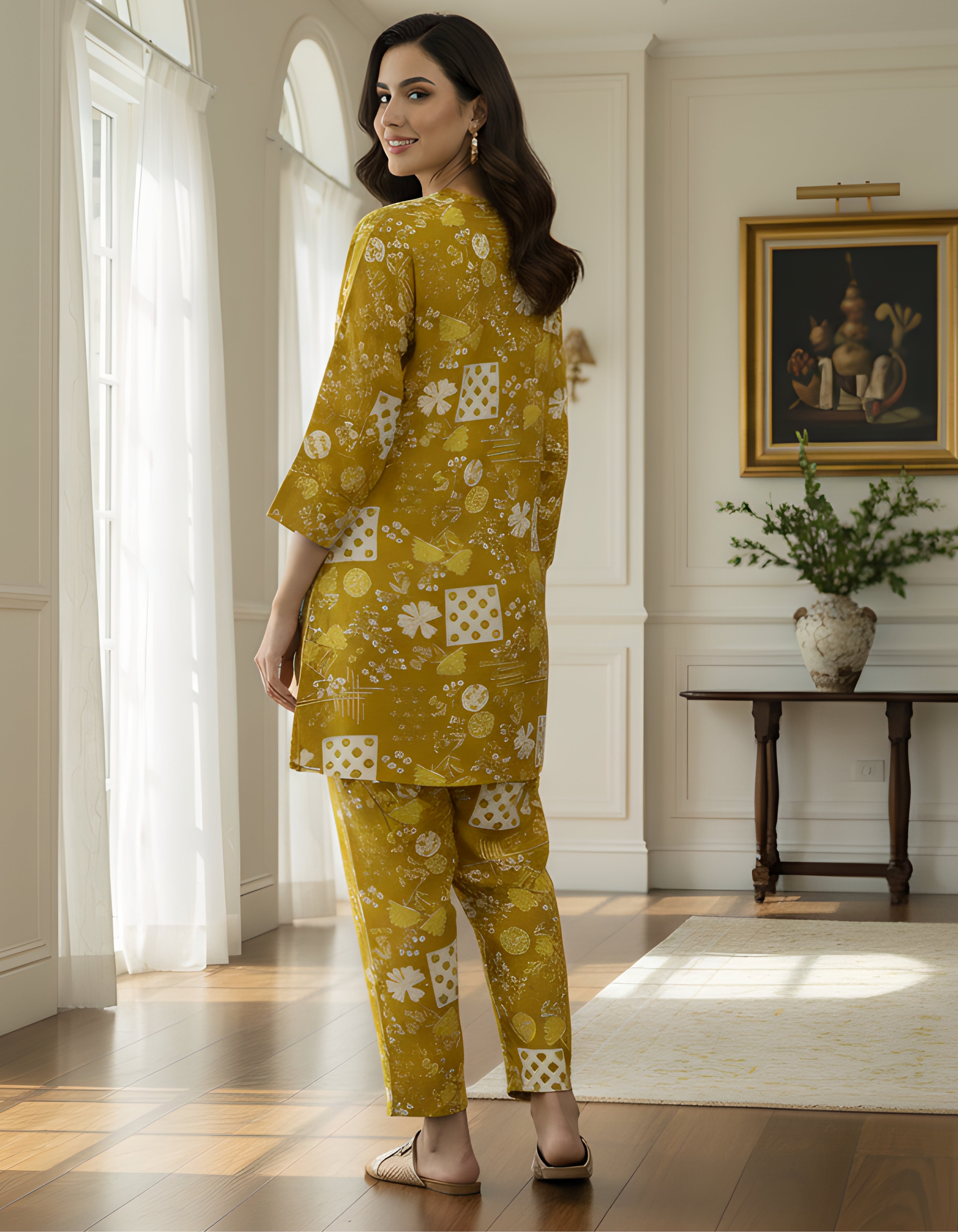 Mustard Printed Cotton Cord Set for Women