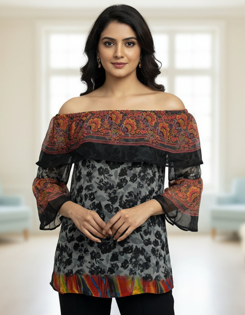 Multicolor Off-Shoulder Layered Georgette Top | Viigobella