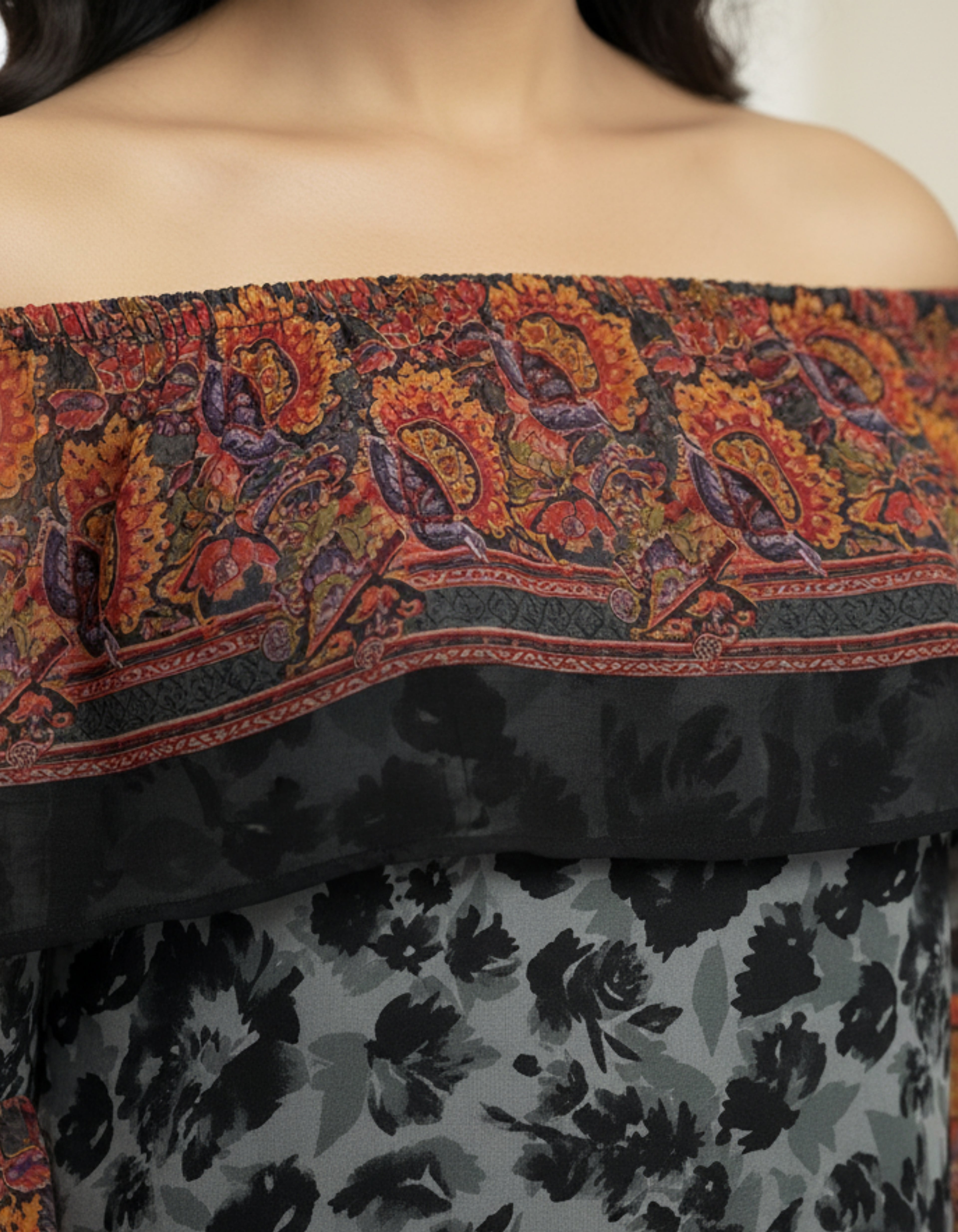 Multicolor Off-Shoulder Layered Georgette Top | Viigobella