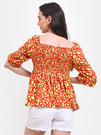 Viigobella Women’s Smocked Printed Top in Red & Yellow Crepe Fabric