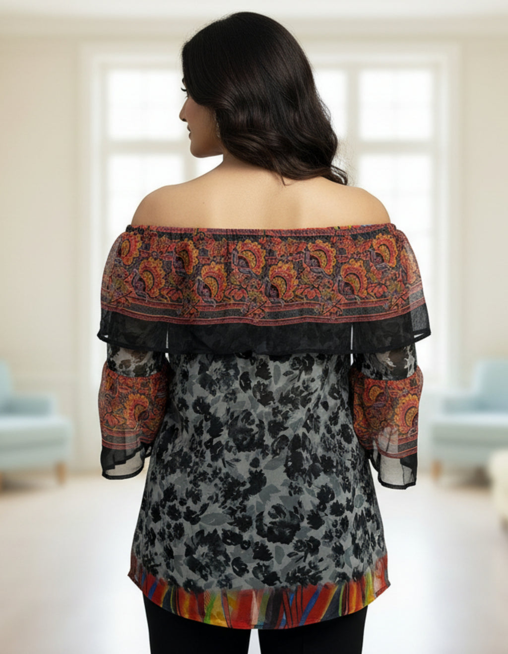 Multicolor Off-Shoulder Layered Georgette Top | Viigobella