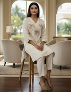 Elegant Embroidered Ivory Cotton Cord Set for Women