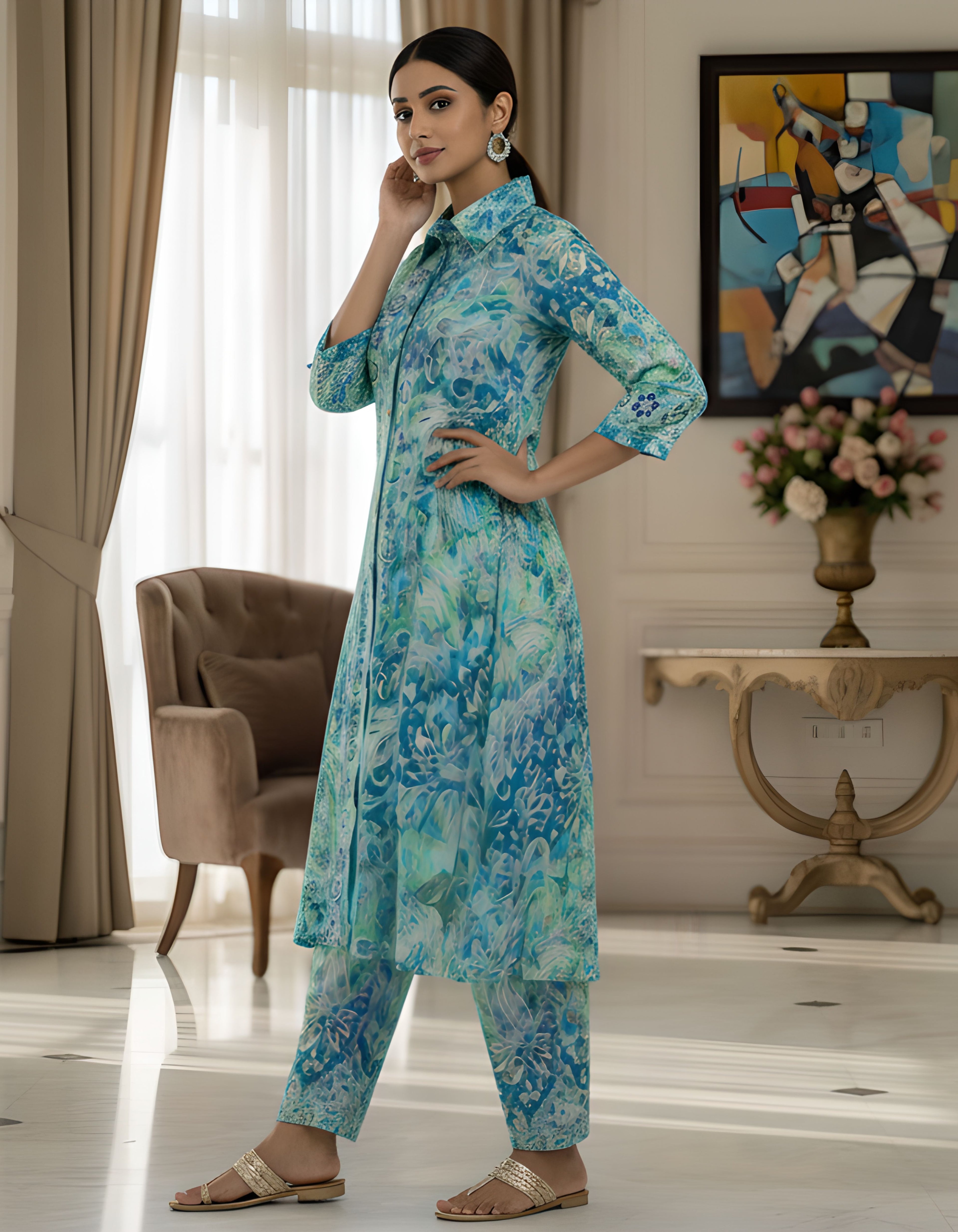 Aqua Blue Abstract Long Shirt Kurta Co-ord Set in Kasturi Silk – Viigobella