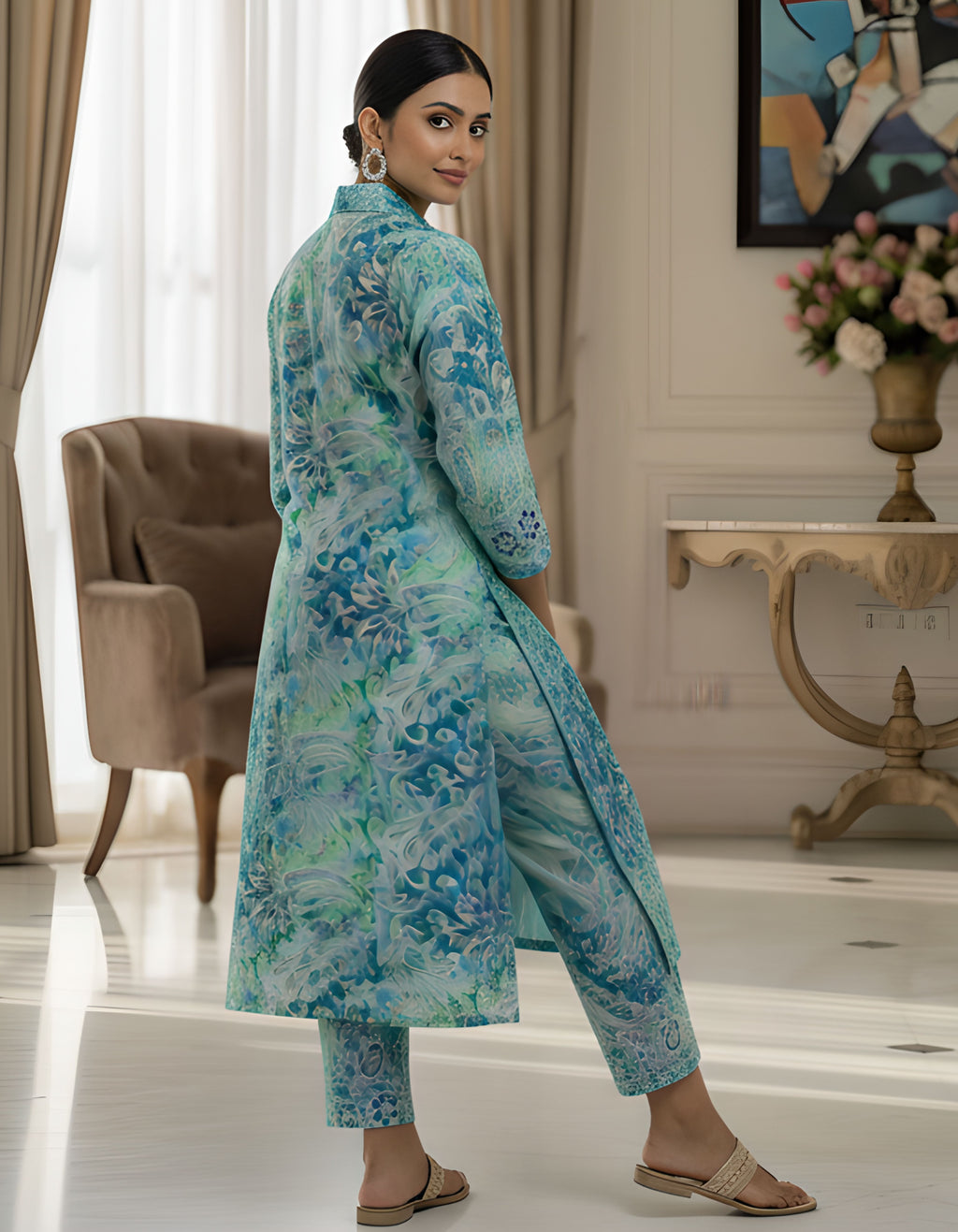 Aqua Blue Abstract Long Shirt Kurta Co-ord Set in Kasturi Silk – Viigobella