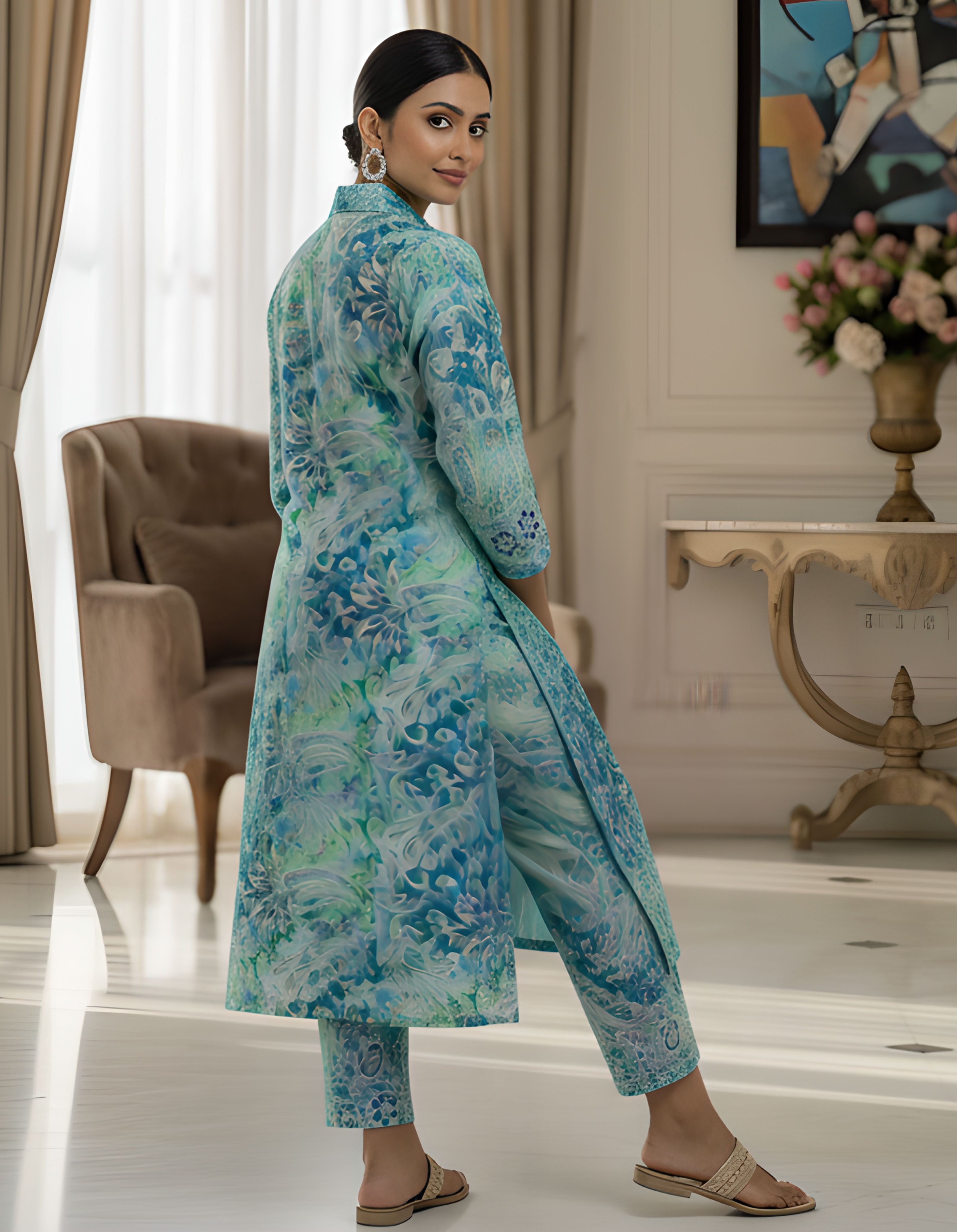Aqua Blue Abstract Long Shirt Kurta Co-ord Set in Kasturi Silk – Viigobella