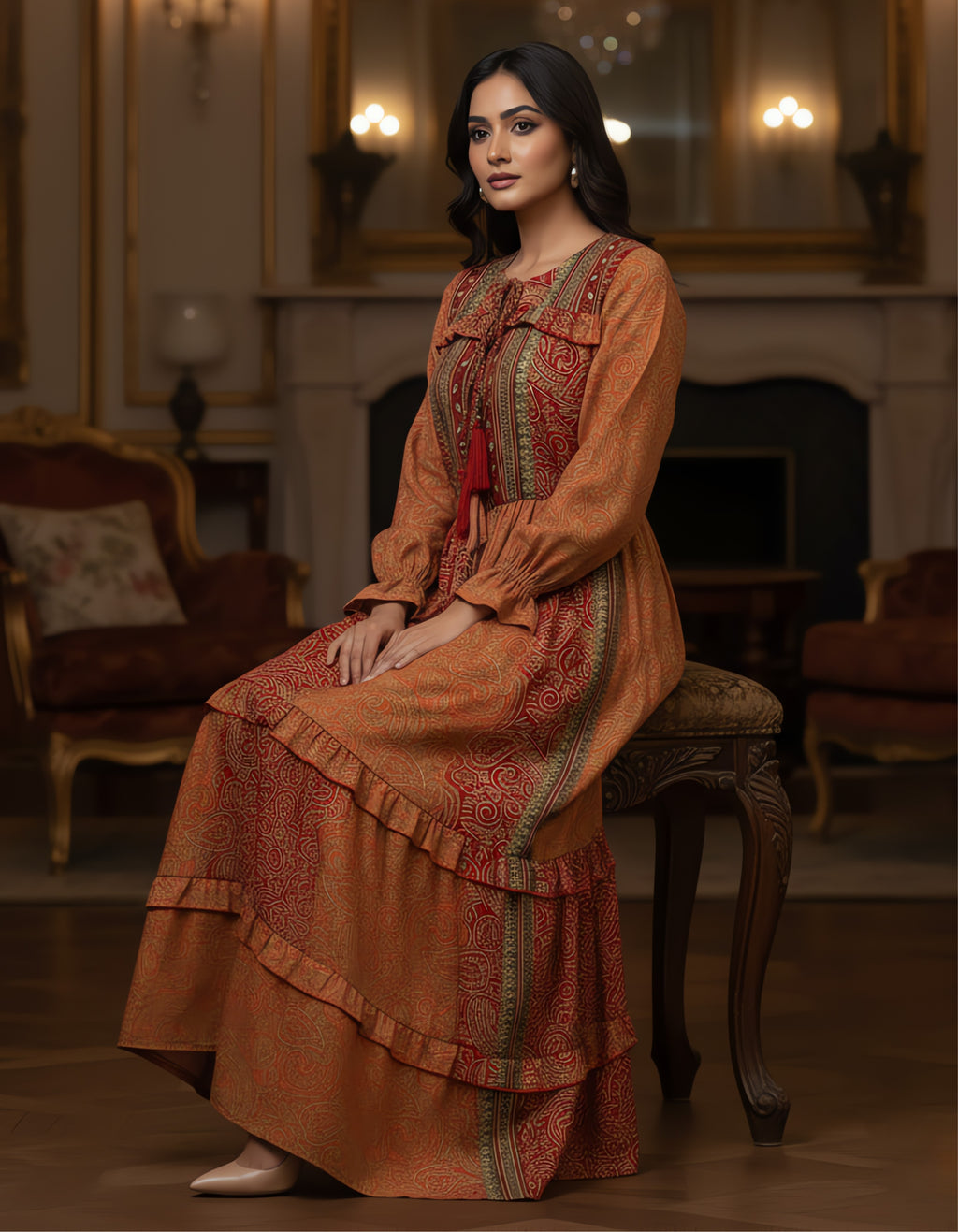 Viigobella Premium Kasturi Silk Printed Tiered Maxi Dress with Tassel Detail