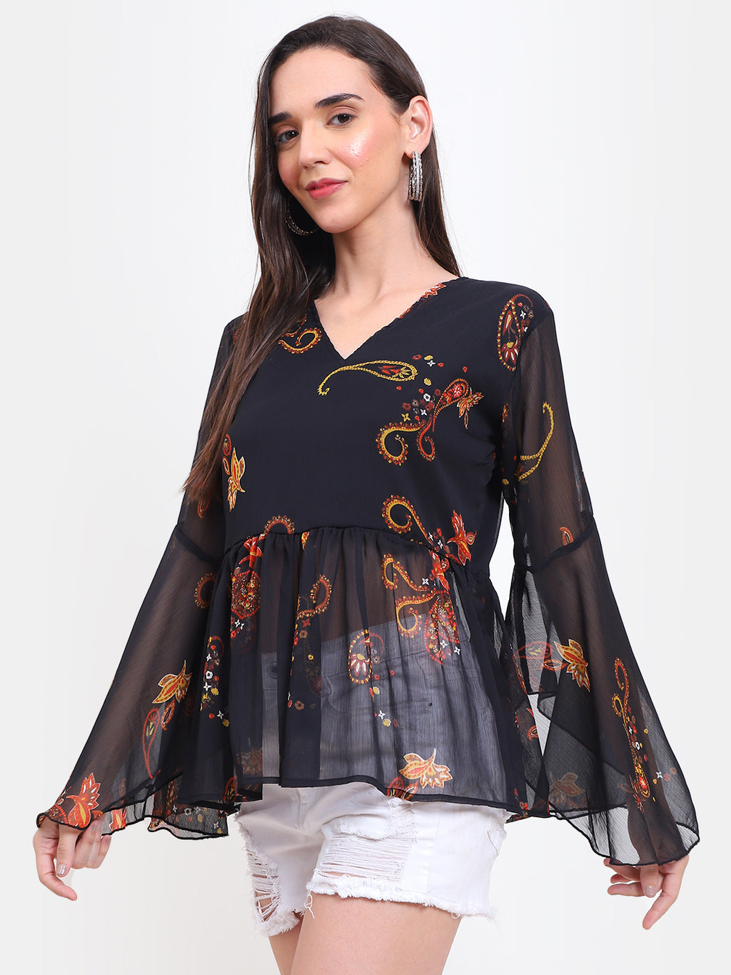 Women’s Printed Bell Sleeve Top – Georgette | Viigobella