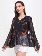 Women’s Printed Bell Sleeve Top – Georgette | Viigobella