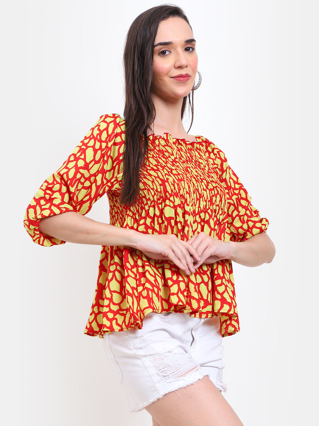 Viigobella Women’s Smocked Printed Top in Red & Yellow Crepe Fabric