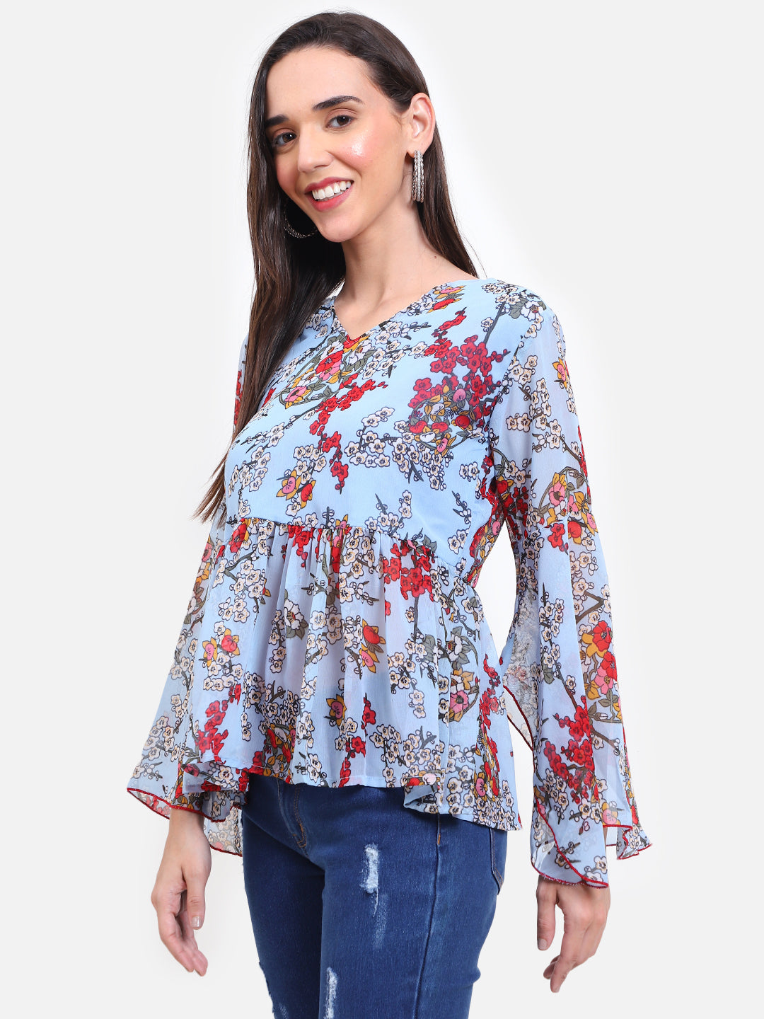 Viigobella Women’s Floral Bell Sleeve Peplum Top – Georgette Fabric