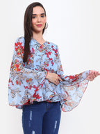 Viigobella Women’s Floral Bell Sleeve Peplum Top – Georgette Fabric
