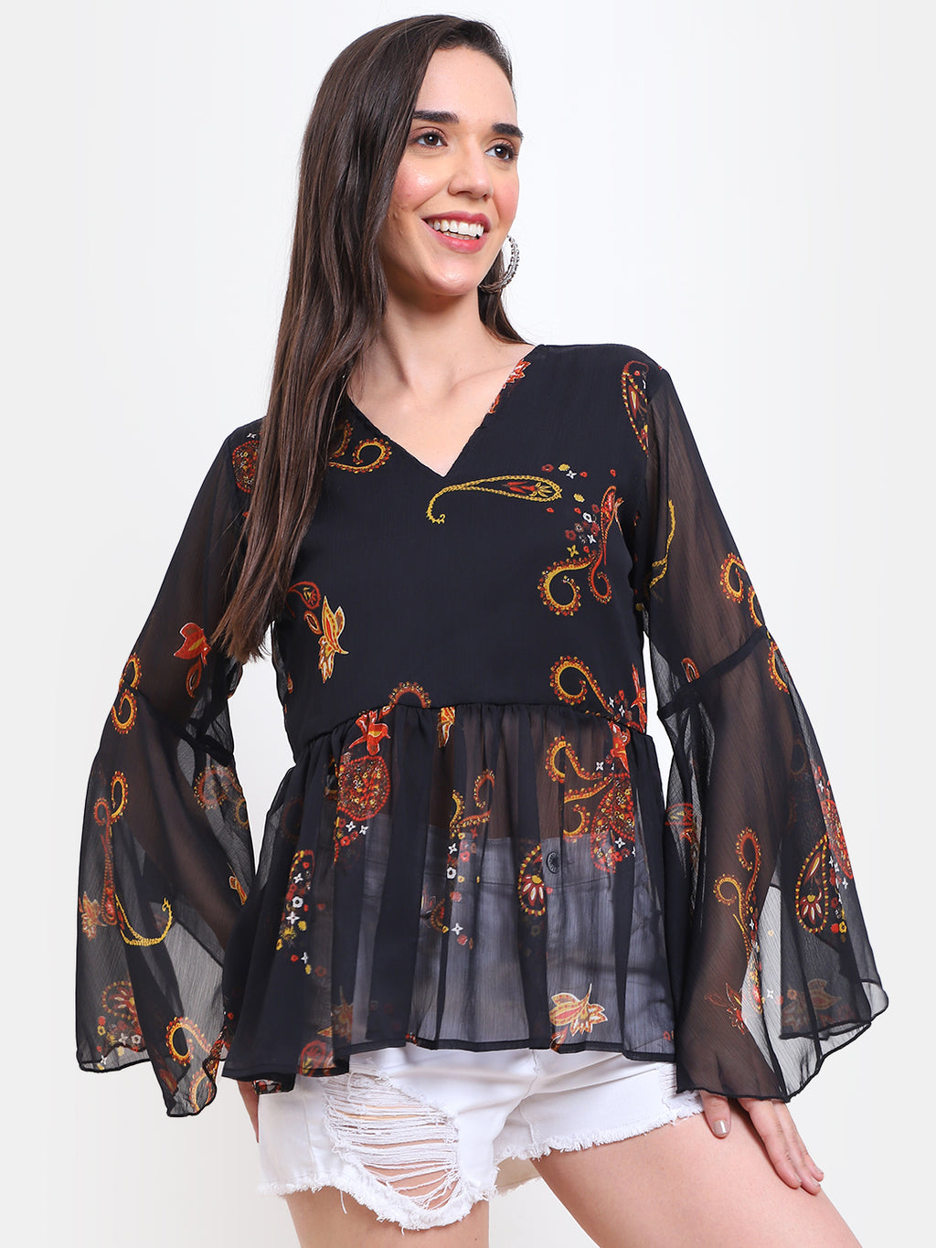 Women’s Printed Bell Sleeve Top – Georgette | Viigobella