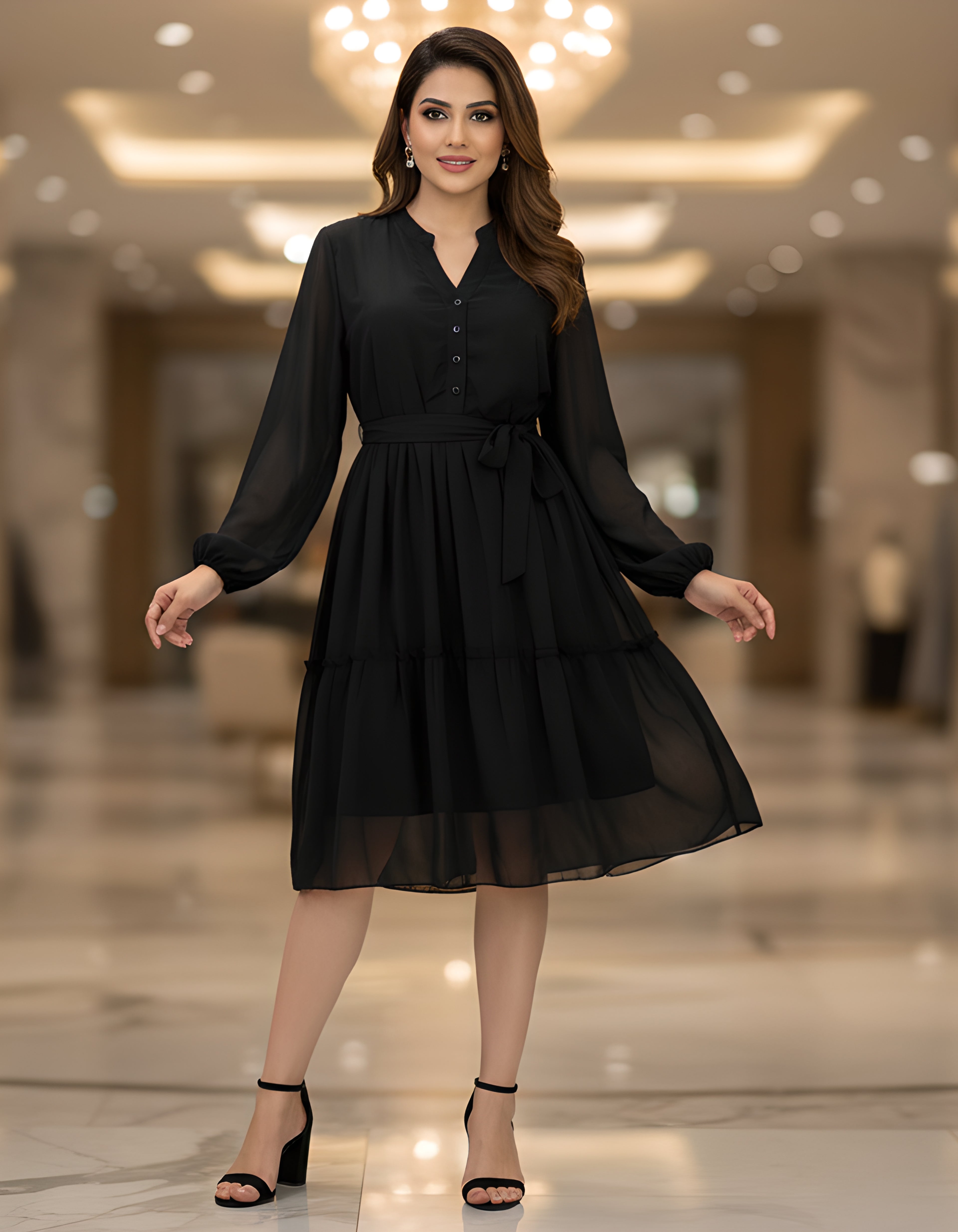 Viigobella Premium Black Georgette Midi Dress with Belt & Full Sleeves