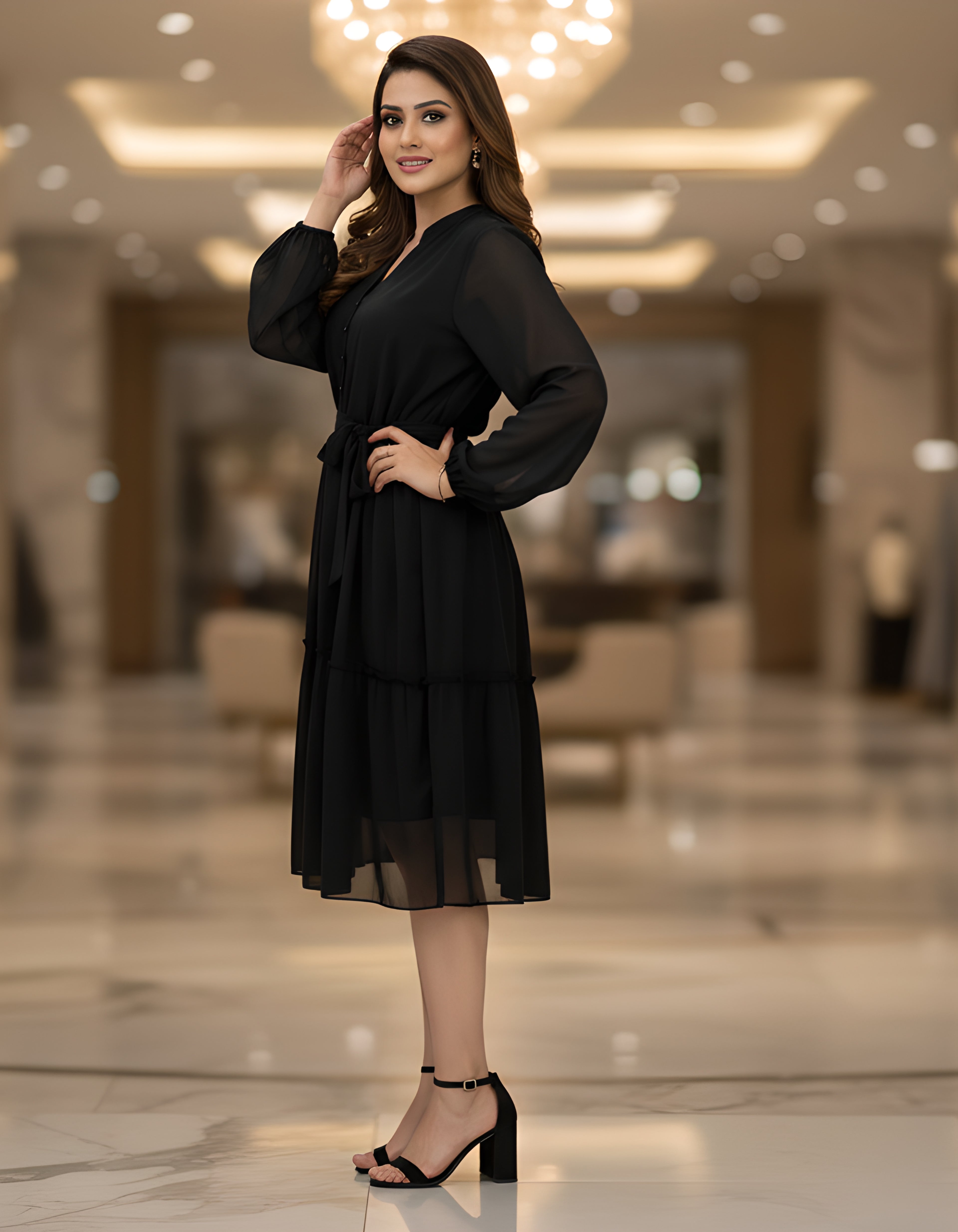 Viigobella Premium Black Georgette Midi Dress with Belt & Full Sleeves