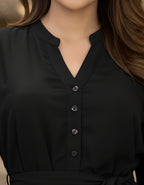 Viigobella Premium Black Georgette Midi Dress with Belt & Full Sleeves