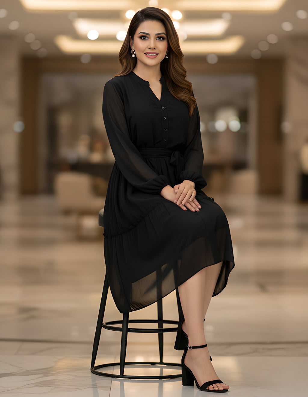 Viigobella Premium Black Georgette Midi Dress with Belt & Full Sleeves