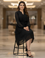 Viigobella Premium Black Georgette Midi Dress with Belt & Full Sleeves