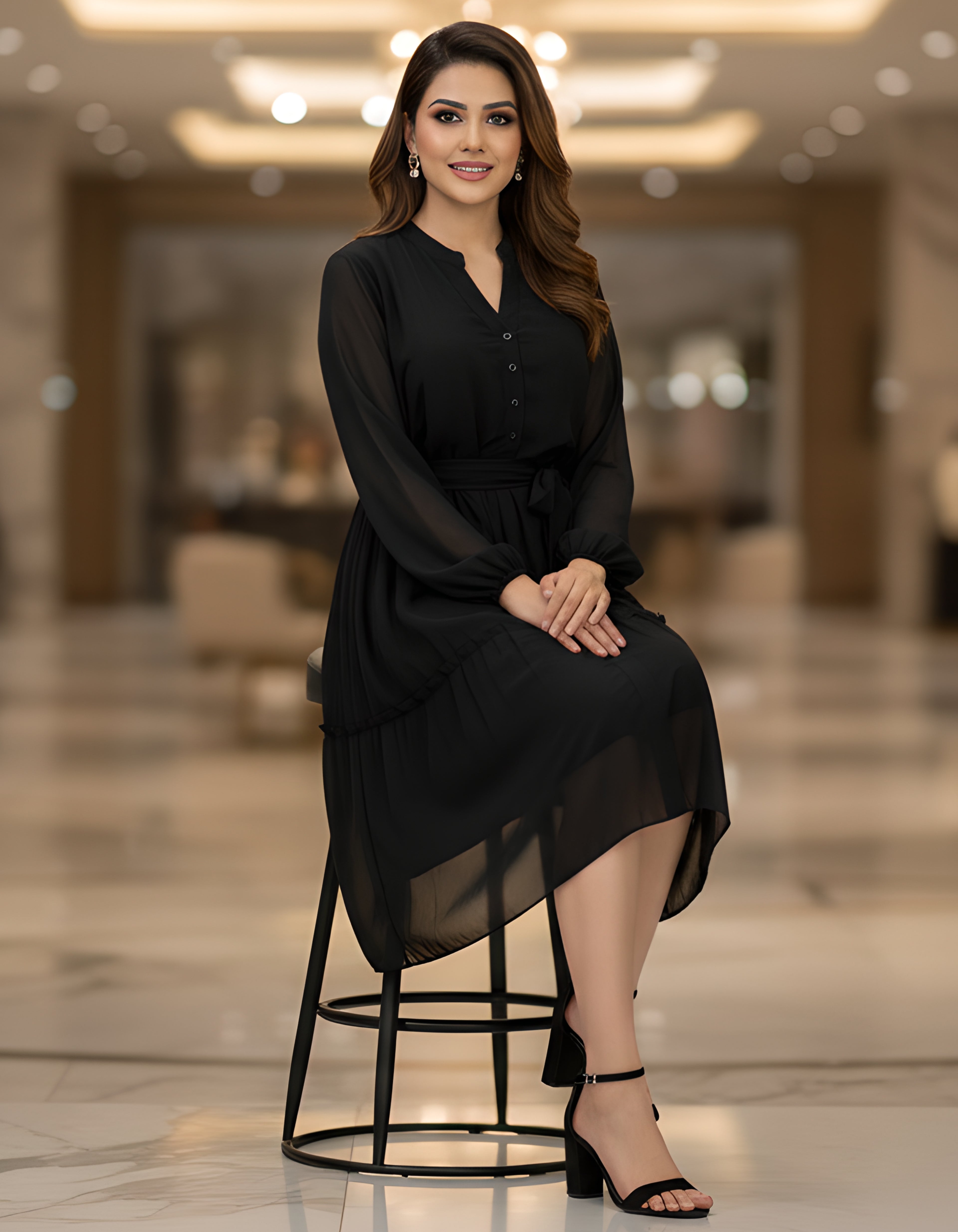 Viigobella Premium Black Georgette Midi Dress with Belt & Full Sleeves